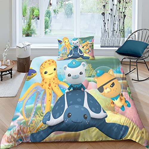 Octonauts Housse De Couettes 3 Pièces Animation Ensemble De Literie Imprimé en 3D Taies d'oreiller Fermeture À Glissière Dissimulée Parures De Lit en Microfibre Single(135x200cm)