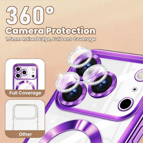 Image of Misscase for iPhone 17 Pro Max Case with Privacy Screen Protector, Built-in Lens Protector, Compatible with MagSafe, Anti-Yellowing Shockproof TPU, Bling Glitter Electroplated Cover 6.9 inch Purple