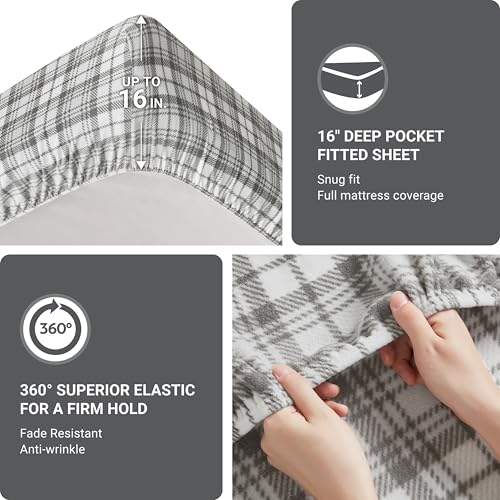 Image of True North by Sleep Philosophy Micro Fleece Bed Sheet Set, Warm, Sheets with 14 inch Deep Pocket, for Cold Season Cozy Sheet-Set, Matching Pillow Case, Twin, Grey Plaid, 3 Piece