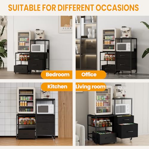 Mini Fridge Stand with Rolling Basket Cart, 300 lb Capacity Storage Rack with 3 Drawers and Lockable Wheels - Rustic Brown & Black Cabinet with Fabric Drawers, Ideal for Dorms & Apartments - Image 7