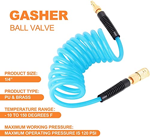 Gasher 1/4" X 25Ft Reinforced Polyurethane Recoil Air Hose With Bend Restrictor, 1/4" Industrial Quick Coupler And Plug #TOP5