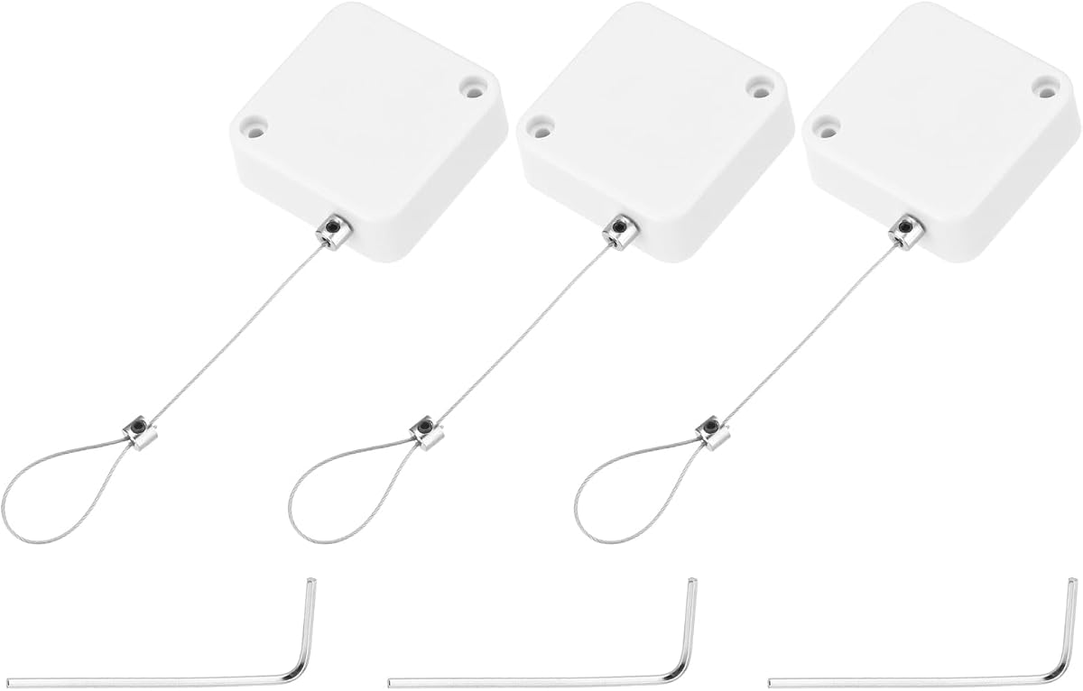 MECCANIXITY 3.3 ft Retractable Cable Lock with Latch Remote Control Security Lock with Adjustable Cord Tether Anti Theft for Laptop, TV, 600g, White, 3 Pack