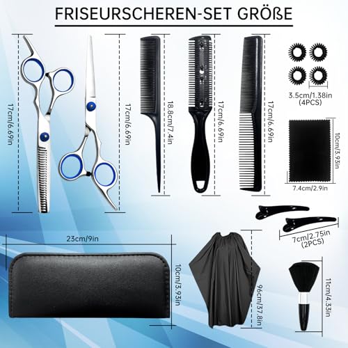 IKKAB Friseurschere Set 15-teilig, 6.7 Zoll Haarschneideschere & Effilierschere Profi für Damen, Herren, Kinder, Inkl. Schere Haare Schneiden, Bartscherschere, Frisörumhang & Zubehör