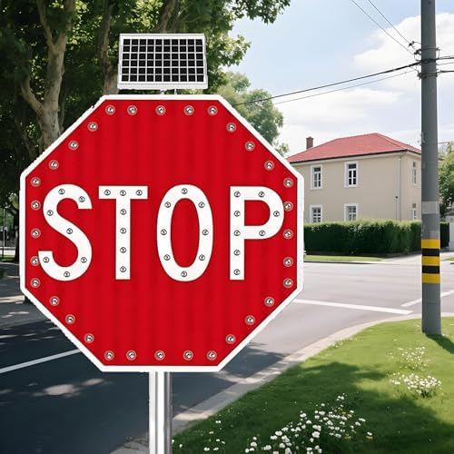 Solar LED Stop Sign - Illuminated Reflective Octagonal Aluminum Traffic Sign, Rustproof & Energy-Saving Warning Board, 60x60cm (24in) for Enhanced Road Safety
