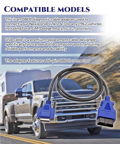 Image of 16 Pin OBD2 Cable Adapter Fits for Nexiq USB Link 2 & Nexiq USB Link 3 Fits for J1962 Vehicles Ford GM Dodge Mack Isuzu Hino ETC.