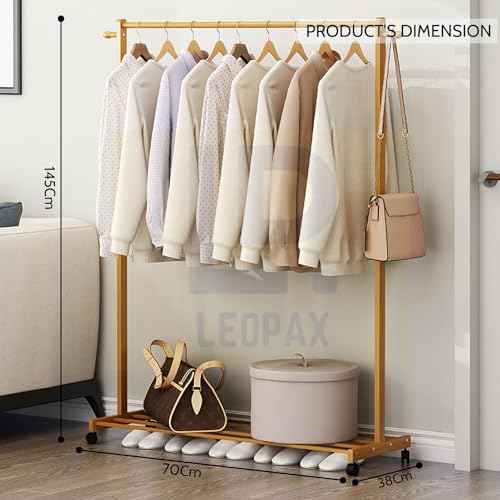 Image of LEOPAX Single Rail Bamboo Rolling Coat Rack with 2 Side Hook Garment Rack with Shoe Storage Shelves - Do It Yourself - Natural Color - Size - (70 x 38 x 145cm) - Bamboo Cloth Rack