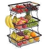 Dwitkul Obst Etagere 3 Stöckig, Abnehmbarer Obstkorb Etagere, Obstschale Etagere mit Holzgriff für Obst Aufbewahrung, Gemüse Aufbewahrung (Schwarz)