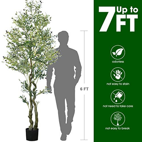 Worth Garden 7Ft Artificial Olive Tree, Realistic Fake Plant With Waterproof 100 Led String Lights, Greenery For Home Office Indoor Outdoor Decor, Black Flowerpot & 20G Dry Moss Included #TOP1
