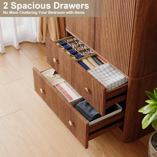 Armoire Wardrobe Closet with 2 Spacious Drawers, 66" Clothing Storage Organizer with Hanging Rod, Mid-Century Modern, Small Bedroom Friendly, Walnut Finish - Image 5