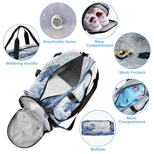 YETTASBIN Sport Travel Duffel Bag for Girls Boys, Sea Waves Large Waterproof Weekender Overnight Bag, Detachable Shoulder Strap Gym Bag with Shoe Compartment & Wet Pocket4
