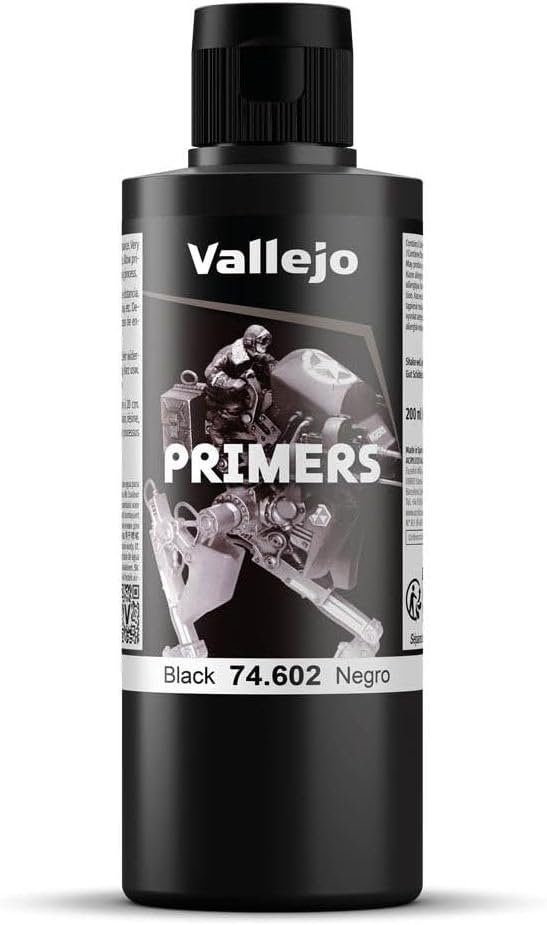 Vallejo Surface Primer, Acrylic Black Primer for Airbrush, Fast-Drying, High Adhesion for Miniatures and Models, 200 ml
