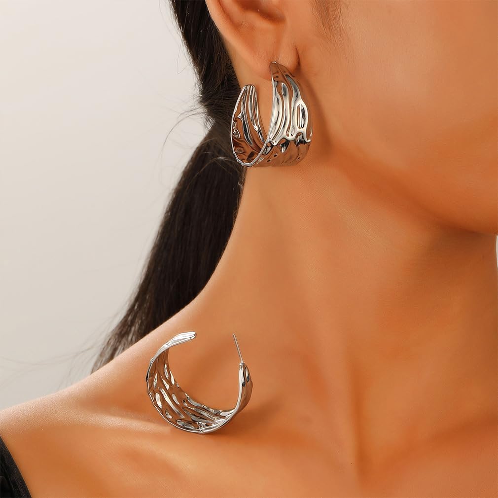 Dainty Hammered Gold Hoop Earrings for Women Chunky Silver Wide Hammer Circle Statement Dangle Earrings Trendy Thick Exaggerated Round Jewelry Accessories - Image 4