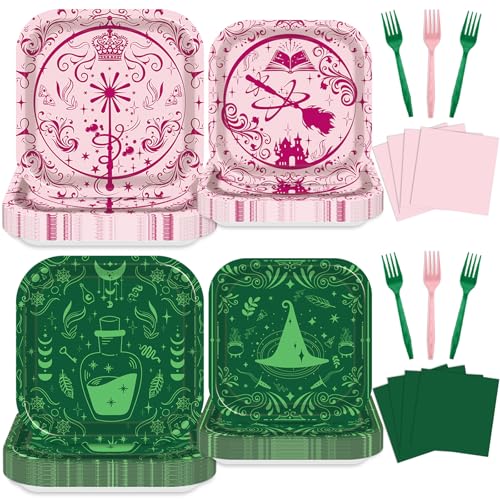 96 Pcs Pink and Green Witch Party Decorations Include Paper Plates for Dinner Dessert Napkins and Plastic Forks Witch Party Supplies Magical Birthday Tableware Disposable Dinnerware Serves 24 Guests
