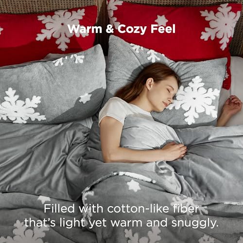 Image of Bedsure Fluffy Christmas Comforter Set Twin - Christmas Bedding with White Snowflake, Warm Fleece Bed Sets for Winter, 2 Pieces, 1 Soft Plush Shaggy Comforter with 1 Pillowcase