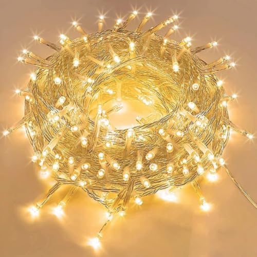 Cordão Pisca Natal 30m Branco Quente 300 Leds 8 Modos Luvinco 110v