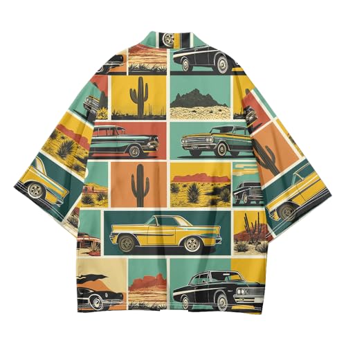 Image of DOSLAVIDA Men's Japanese Kimono Cardigan Suit Chinese Style Printed Jacket Pants Set Open Front Seven Sleeve Top & Shorts