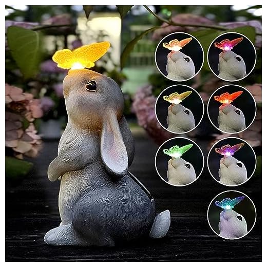 AOLIY Garden Outdoor Decor-Rabbit in with Solar Butterfly Light Garden Statues Outsides Decorations for Bunny Lovers Gardeners Family with Pets,Ornament Gift for Patio Yard Lawn Porch.(Color Change)