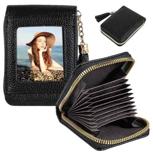 RFID Blocking Wallet for Women, 9 Organ Credit Card Holder 1 ID Window and 2 Coin Banknote Slots Small Wallets Compact Leather Tassel Zipper Purse