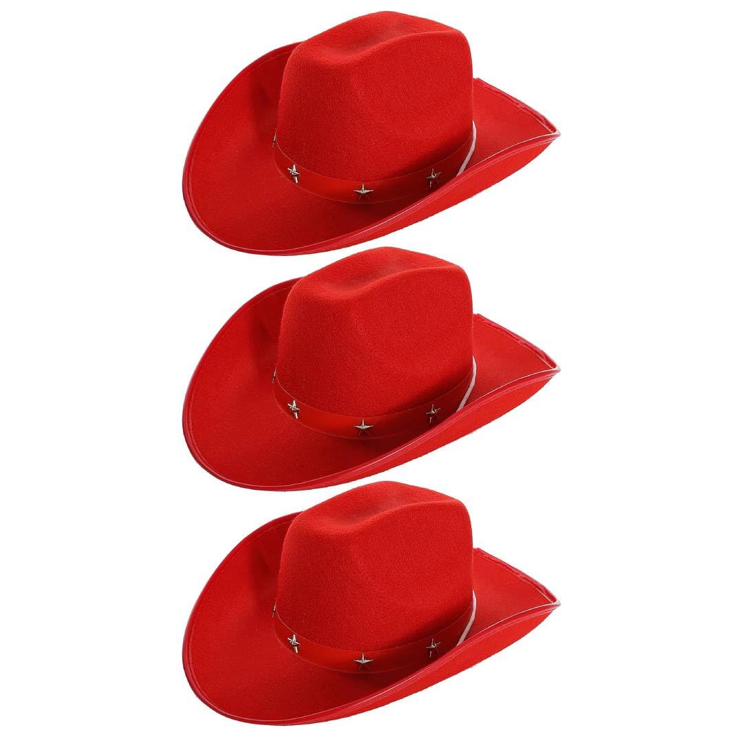 Adults Star Studded Cowboy Hat - Pack of 3 - Red Felt Western Style Hat with Decorative Star Studs - Classic Wild West Fancy Dress Costume Accessory for Parties Festivals Cosplay Cowgirl Events
