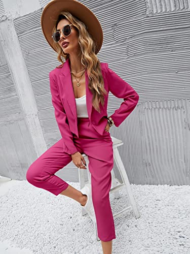 Makemechic Women's 2 Piece Outfits Single Button Long Sleeve Crop Blazer And Pants Set Hot Pink M #TOP4