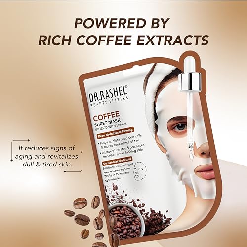Image of DR.RASHEL Coffee Face Sheet Mask With Serum For Women and Men | All Skin Types | Soft and Healthy Skin | Deep Cleansing & Oil Control | Repairing & Nourishment | Soothing And Hydrating | Paraben Free | Pack Of 2 | 20 Grams Each