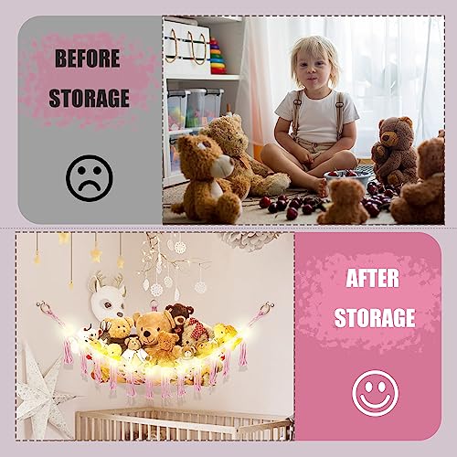 Image of CERETIA Stuffed Animal Hammock with LED Light, Large Stuffed Animals Storage Corner Plushie Net for Kids Room Decor, Pink