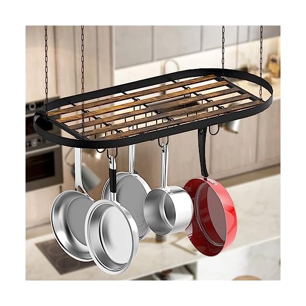 LiebeRen Pot Rack Hanging, Pot Hanger for Kitchen Ceiling, Hanging Pot Rack Ceiling Mount（33"x 16.5"x 1.2"inches, Ceiling Pot Rack with 12 Hooks, Pot and Pan Hanger Made of Wood and Iron.(Black)