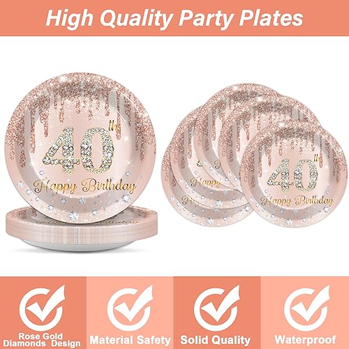 Image of 96PCS Rose Gold 40th Birthday Party Paper Plates and Napkins Forty Years Old Table Decorations 40th Birthday Disposable Dessert Tableware Set Serves 24 Guests Girl Ladies Women Party Supplies Favors