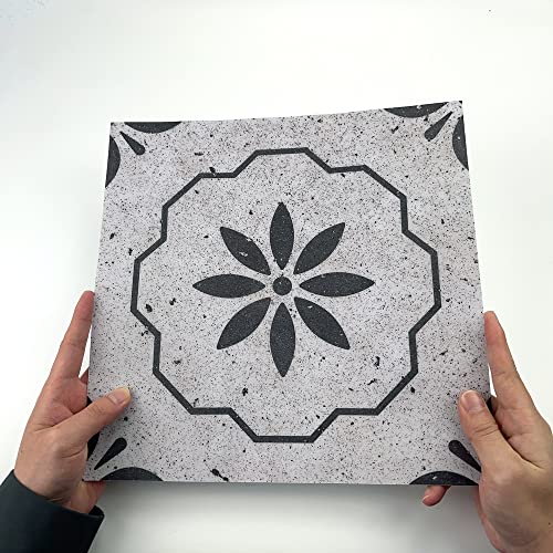 Alwayspon Carreaux de sol en vinyle - Imperméable et antidérapant - 30 x 30 cm - Fleurs de ciment noires et blanches Cover