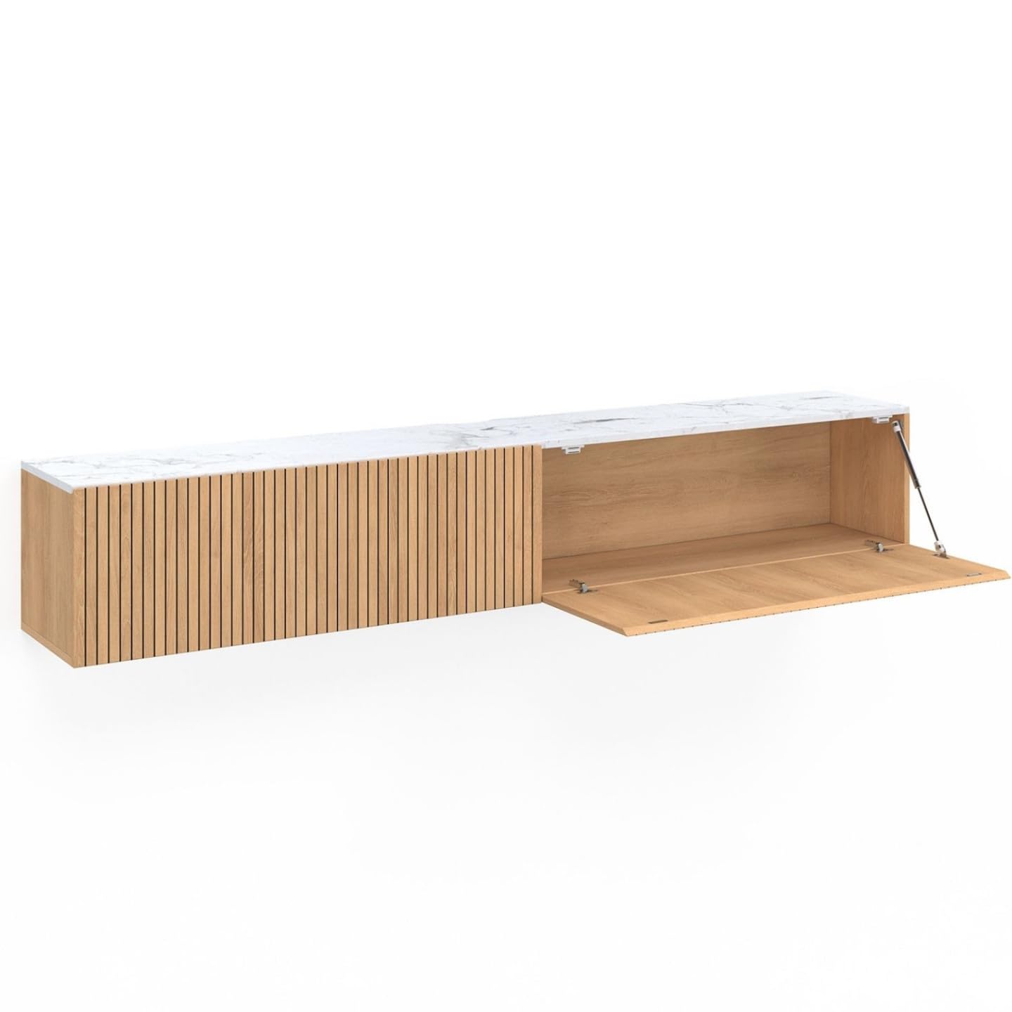 IDMarket - Meuble TV 180 cm Suspendu Juliette 2 Portes Plateau Effet marbre Lattes tasseau Bois Coloris chêne