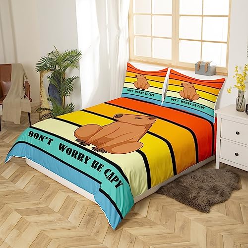 Cute Capybara Bedding Set for Boys Girls Kids Funny Animal Comforter Cover Rainbow Aesthetic Geometric Stripes Duvet Cover Cartoon Kawaii Pet Quilt Cover with Zipper Closure & Corner Ties - Image 3
