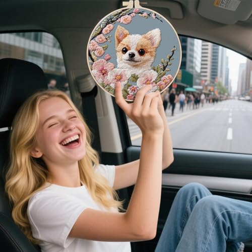 Image of FONNUY Chihuahua Dog Floral Embroidery Kit, Cross Stitch Kits for Beginners, Handmade Crafts with Printed Patterns for Beginner Adults, Easy to Follow Color Thread Needlework, 8'' Hoop (Petite Dog)