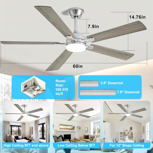 Image of Depuley 60-inch Ceiling Fan with Light: Nickel Ceiling Fan for Living Room Indoor Outdoor - Modern Ceiling Fan with Remote Control 3CCT Dimmable Noiseless 5 Reversible Silver Blades 6 Speeds Timer