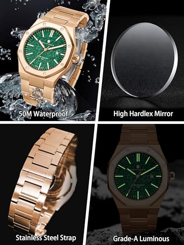 Image of Sapphero Watches for Men Analog Mens 50M Waterproof Watch Luminous Watches Quartz Date Display Men's Wrist Stainless Steel Casual Luxury Gifts for Men, Green Jade Face Rose Gold Strap