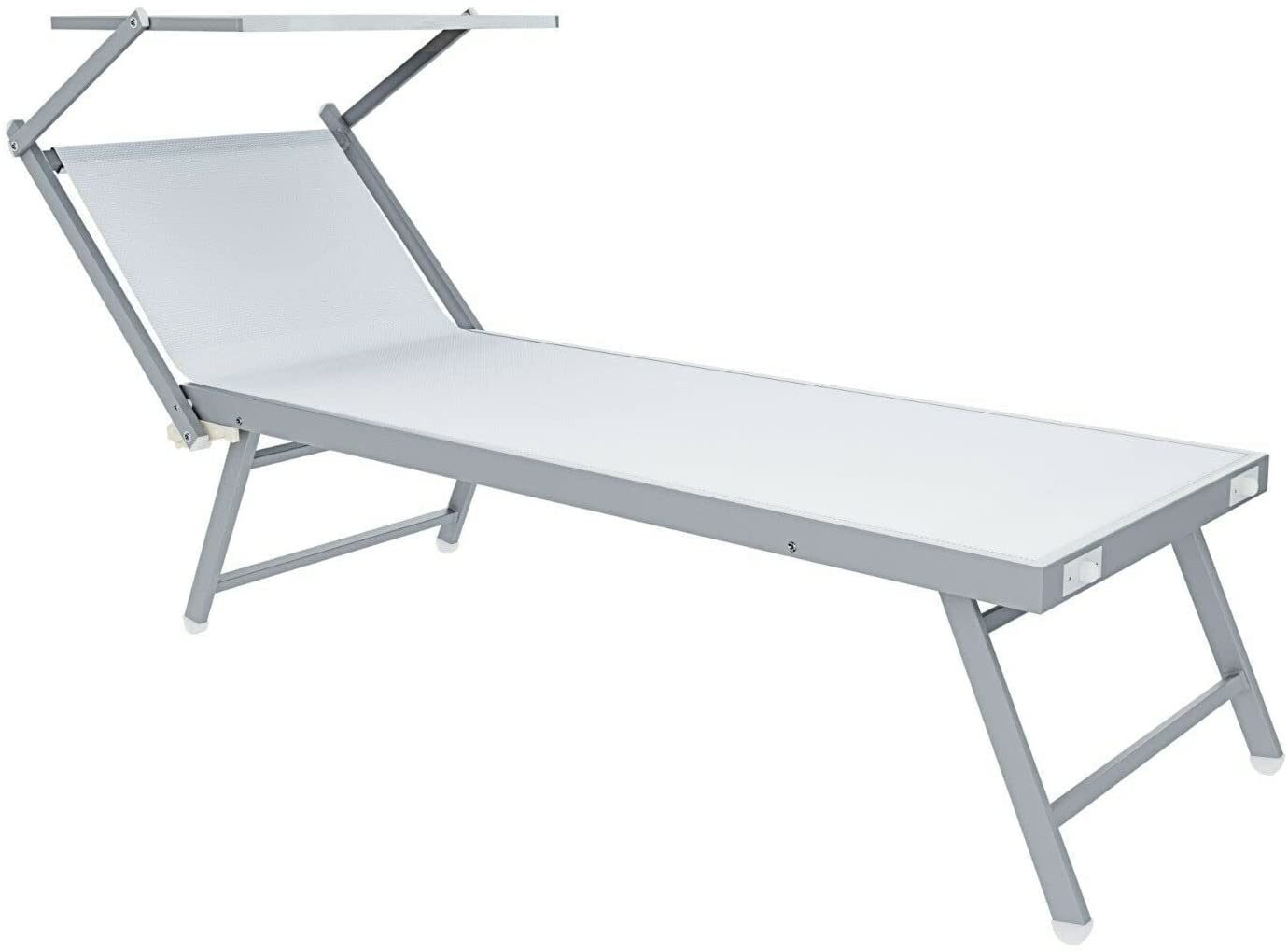 Coppia Di Lettini Prendisole 720 gr/m² Professionale Pieghevole In Alluminio Tettuccio Orientabile Parasole Lettino Prendi Sole Sdraio Mare Piscina Spiaggia Giardino 182 x 60 x 38 cm (Bianco)