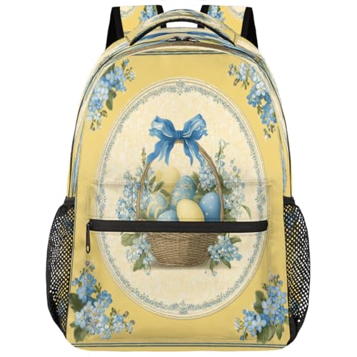 Cesta De Pascua Con Huevos Y Flores Azules Sobre Fondo Amarillo Retro Mochila Antirrobo Mochila Escolar Gran Capacidad Mochilas Deportivas Para Trabajo Vuelta Al Cole Viaje 29X40Cm