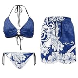 Gekhuqory Couples Matching Swimsuits Men's Swim Trunks Breathable Beach Shorts Fashion Blue Hibiscus Flowers Print Mens Swim Trunks Couples Swimwears Matching His and Hers for Honeymoon M