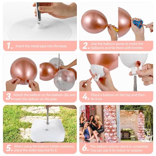 Image of 2 Sets Rose Gold Balloon Column Stand Kit with 100 Balloons Graduation Adjustable Tower Stand with Bases Floor Rose Gold Confetti Balloon Column Bridal Shower Bachelorette Birthday Wedding Party Decor