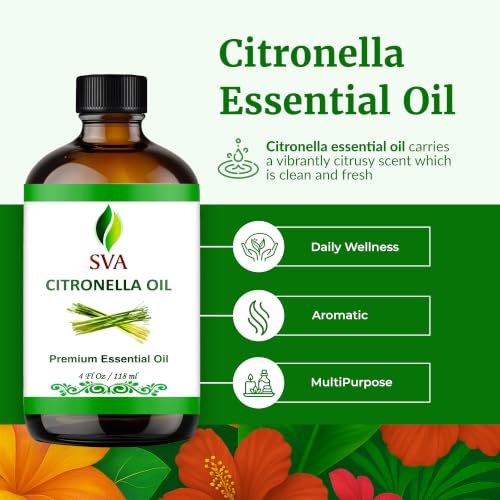 Image of SVA Citronella Essential Oil 4 Fl Oz - for Diffuser, Skin & Hair Care - Ideal for Massage & DIY Blends - with Dropper