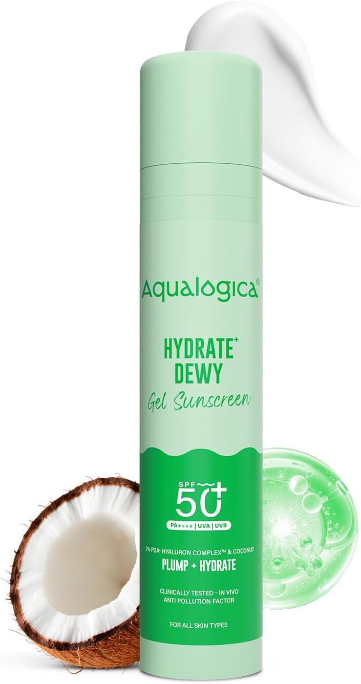 Aqualogica Hydrate+ Lightweight Sunscreen SPF 50 with Coconut Water & Hyaluronic Acid | UVA/UVB + Blue Light Protection, Non-Sticky, Fragrance-Free, No White Cast, & Quick Absorbing, 50g