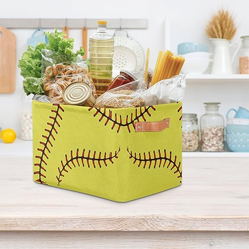 Image of AUUXVA Yellow Baseball Softball Storage Basket, Sports Theme Large Storage Bins Box with Handles, Easter Gift Baskets Ideal for Baby Kids, Room Nursery Decor, Organizing Clothes, Toys, Collapsible