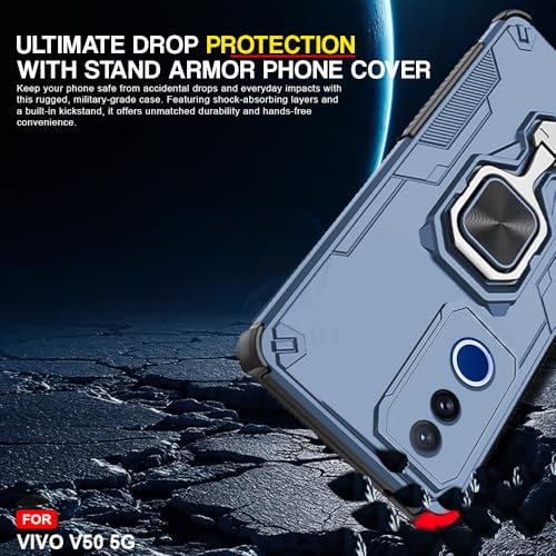 Image of AESTMO Armor Back Cover for Vivo V50 / V50E / T4R / iQOO Z10R 5G | Ring Holder & Kickstand & Camera Protection in-Built | 360 Degree Protection Back Case Cover (Blue)