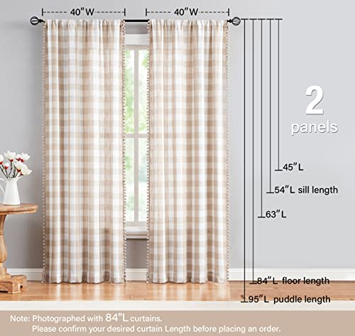 Treatmentex Buffalo Check Curtains 84Inch Farmhouse Pom Pom Curtain Drapes For Living Room Vintage Gingham Plaid Semi Sheer Tan Window Curtains For Bedroom Kitchen 2 Panels Rod Pocket Taupe And White #TOP5