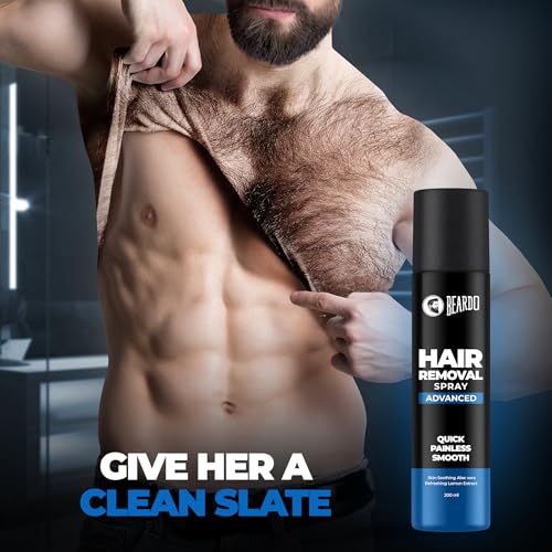 Image of BEARDO Hair Removal Spray for Men | Painless & Irritation Free Spray | For Chest, Back, Legs & Under Arms | Aloe Vera & Lemon | Gentle on Skin | No Burning or Itching | Brightening De-Tan Formula - 200ml X 2(pack of 2)