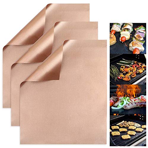 Copper Grill Mat Set of 3 - Non-Stick BBQ Grill Baking Mats, Reusable Grilling Accessories, Baking Copper Sheet for Gas, Charcoal, Electric Grill (15.7 x 13.0 Inch)
