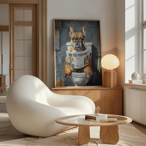 Image of French Bulldog on Toilet Wood Framed Wall Art Print Poster, Dog Bathroom Humor Decor Posters Prints for Restroom Home Picture Painting Artwork Gallery 7 (French Bulldog, 11 inchW x 14 inchL, Wood Frame)