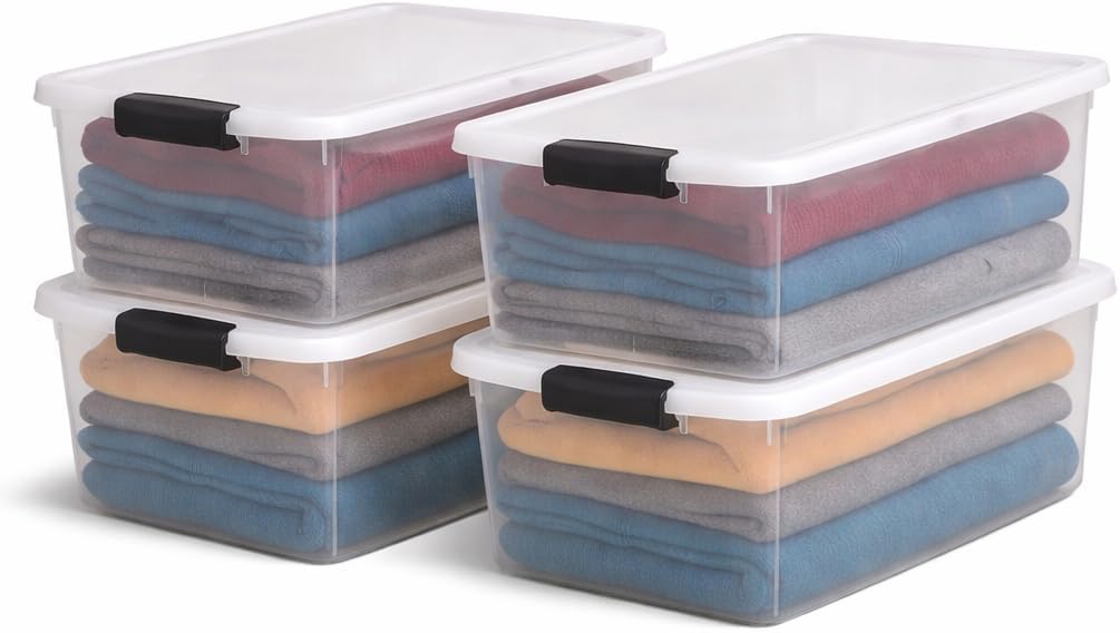 4-Pack Secure Latch, Clear Plastic Storage Organizer Bins, 64 Quart, Gray Latches - Stackable Container Boxes for Bedroom, Bathroom, Garage, and Office Organization