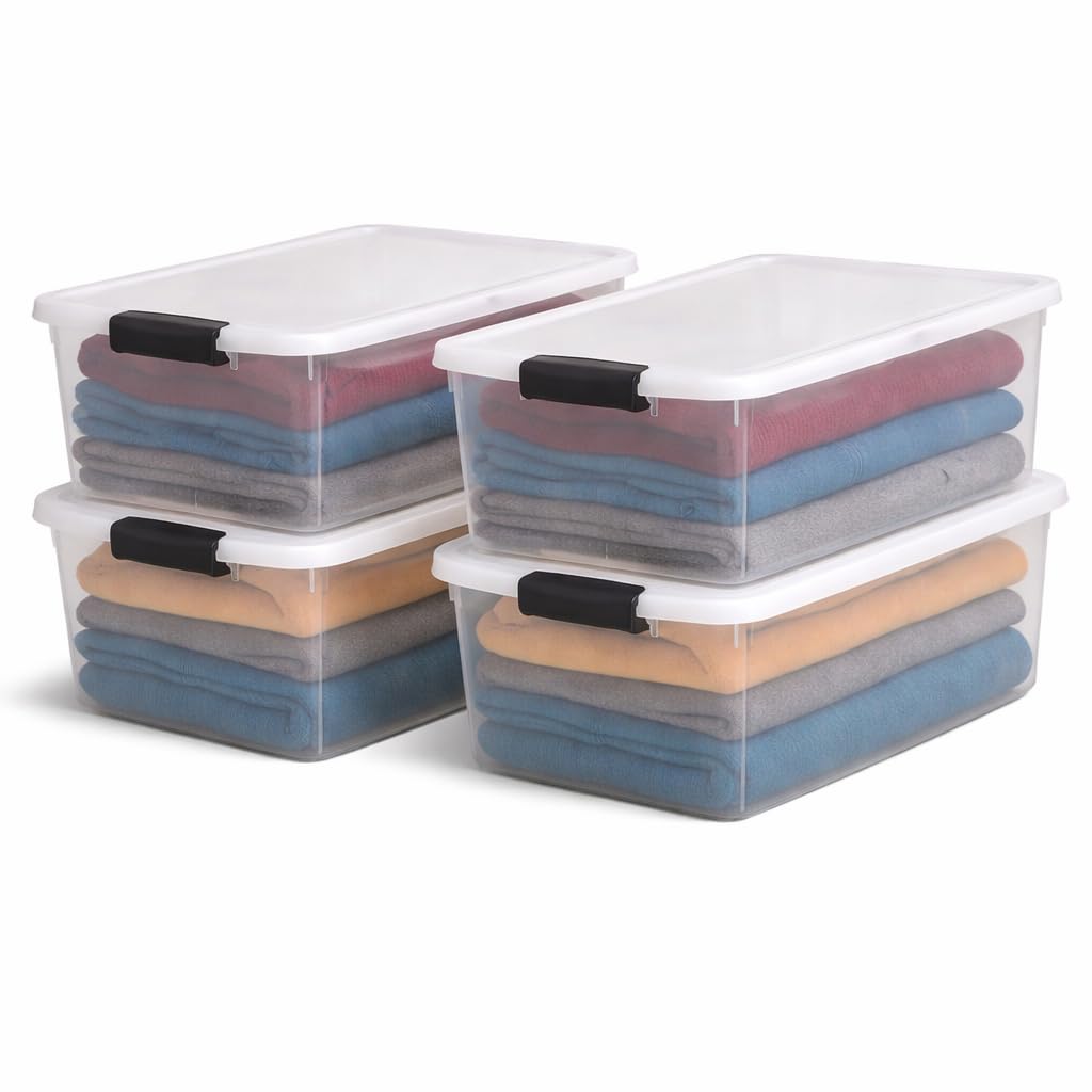 4-Pack Secure Latch, Clear Plastic Storage Organizer Bins, 64 Quart, Gray Latches - Stackable Container Boxes for Bedroom, Bathroom, Garage, and Office Organization