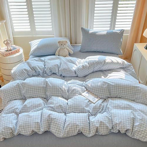 Image of BOLINLIVING Gingham Duvet Cover Full Size, 3PCS Light Blue White Checkered Plaid Duvet Cover Set, Microfiber Bedding Set for All Season with Zipper Closure and Corner Ties