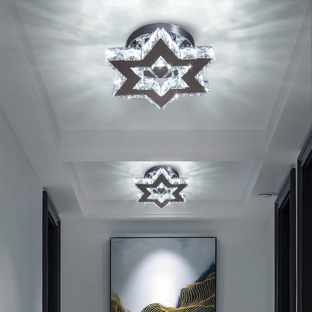 Moderne LED Kristall Kronleuchter Edelstahl Mini Deckenleuchte Stern Flush Mount Deckenleuchte für Schlafzimmer Esszimmer Flur Insel (kühles Weiß)